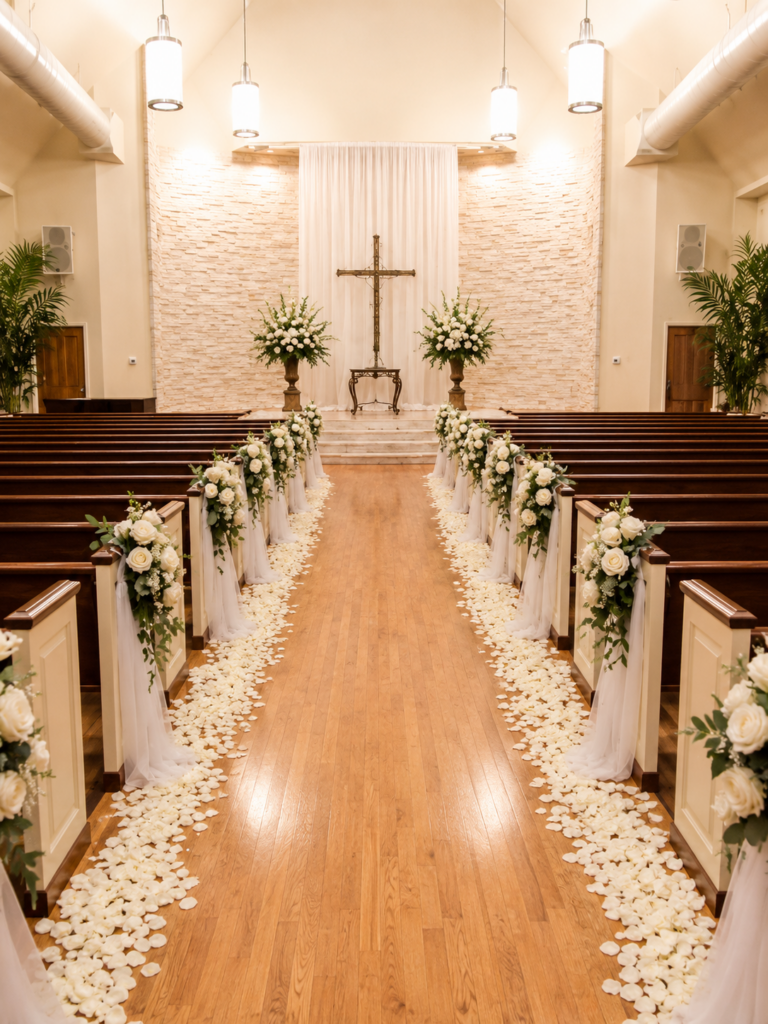 Chapel aisle lined with white roses, drapery and petals