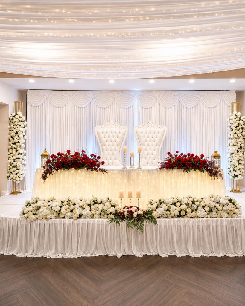 Bridal table styled with white and red rose garlands by EWD Events